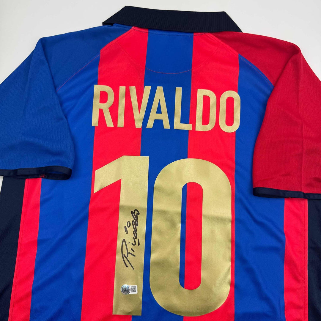 Autographed/Signed Rivaldo Ferreira FC Barcelona Blue Jersey Beckett COA