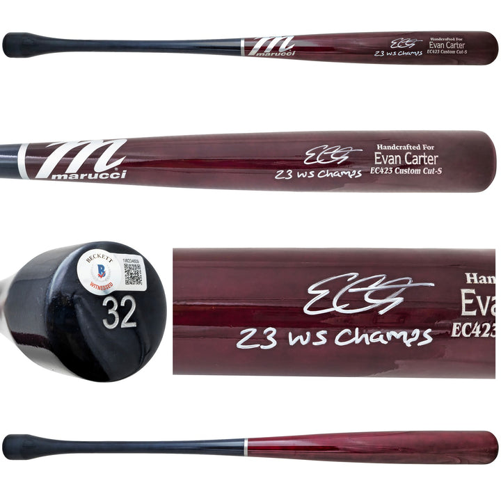 Evan Carter Auto Maroon Marucci Player Model Baseball Bat Rangers WS Champ BAS