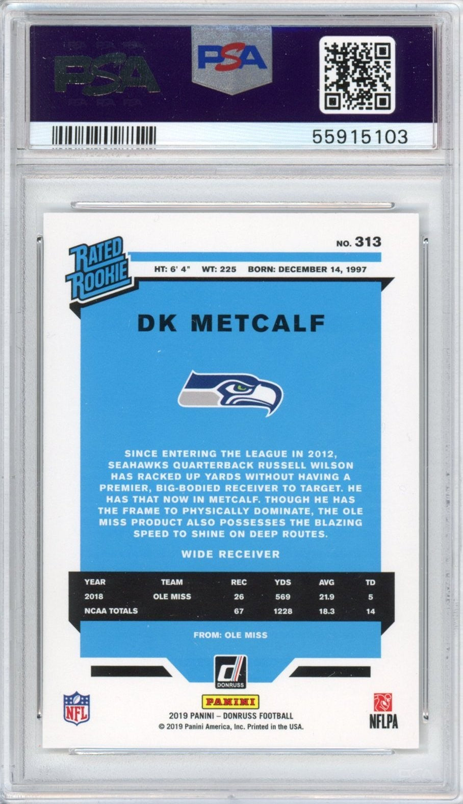 Graded 2019 Panini Donruss DK D.K. Metcalf #313 Rookie RC Card PSA 10