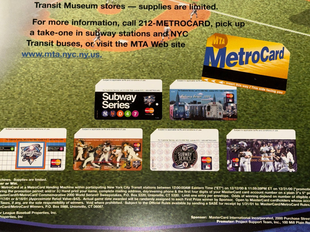 MTA NYC TRANSIT METROCARD SUBWAY 21x22 PROMO POSTER YANKEES vs METS WORLD SERIES