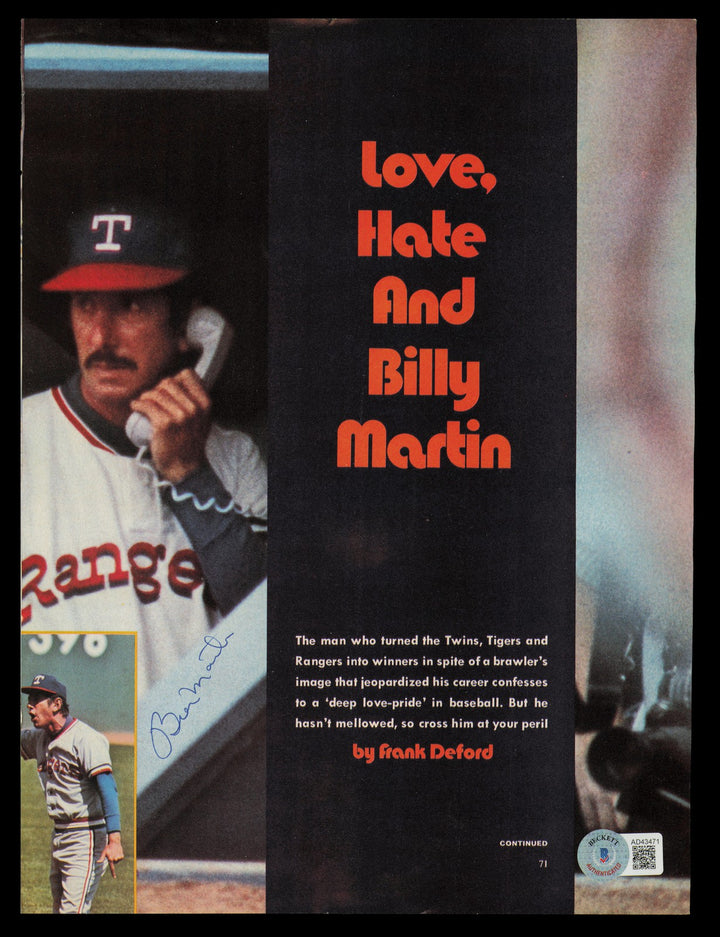 Billy Martin Signed 8.5x11.5 Magazine Page Texas Rangers Beckett #AD43471