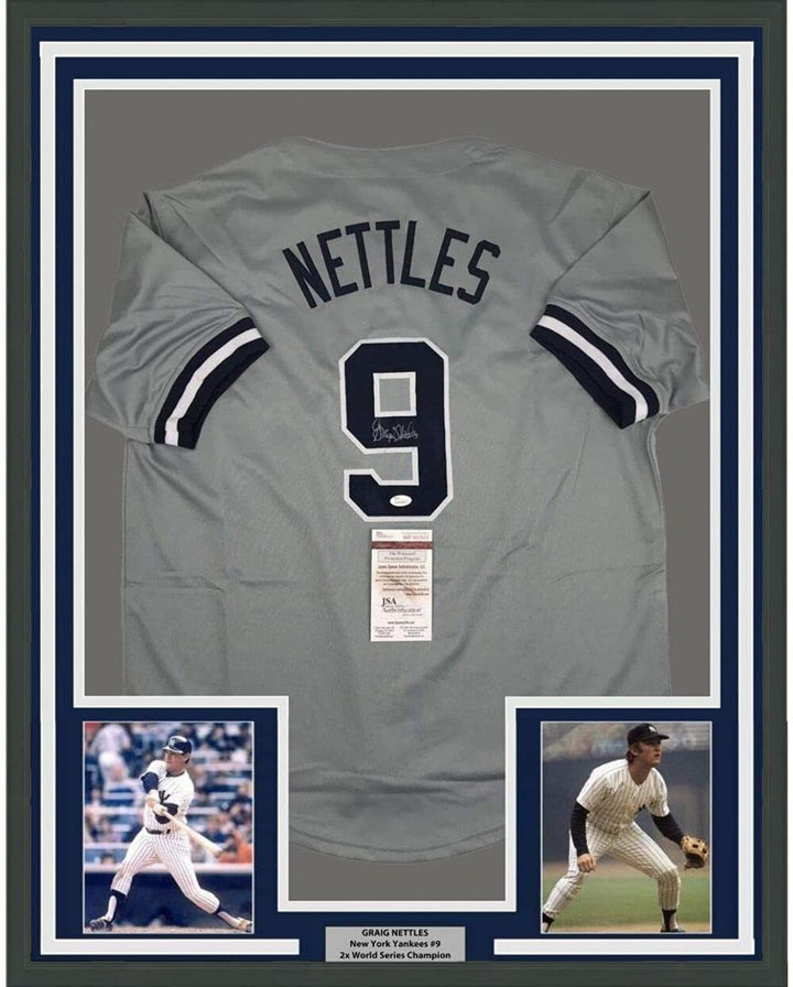 FRAMED Autographed/Signed GRAIG NETTLES 33x42 New York Grey Jersey JSA COA Auto