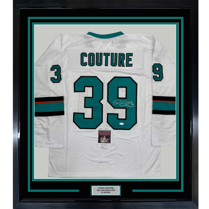 Framed Autographed/Signed Logan Couture 35x39 San Jose White Jersey JSA COA