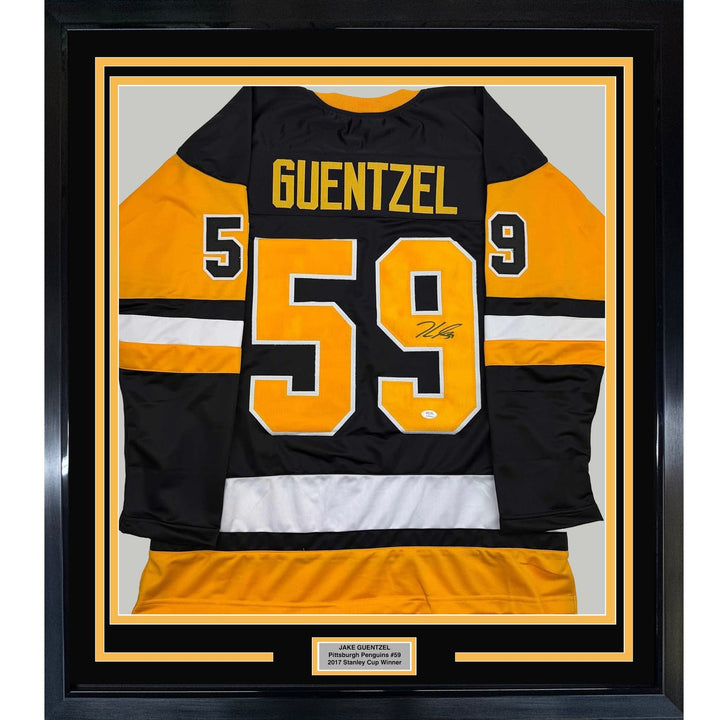 Framed Signed Jake Guentzel 35x39 Pittsburgh Black Jersey JSA COA