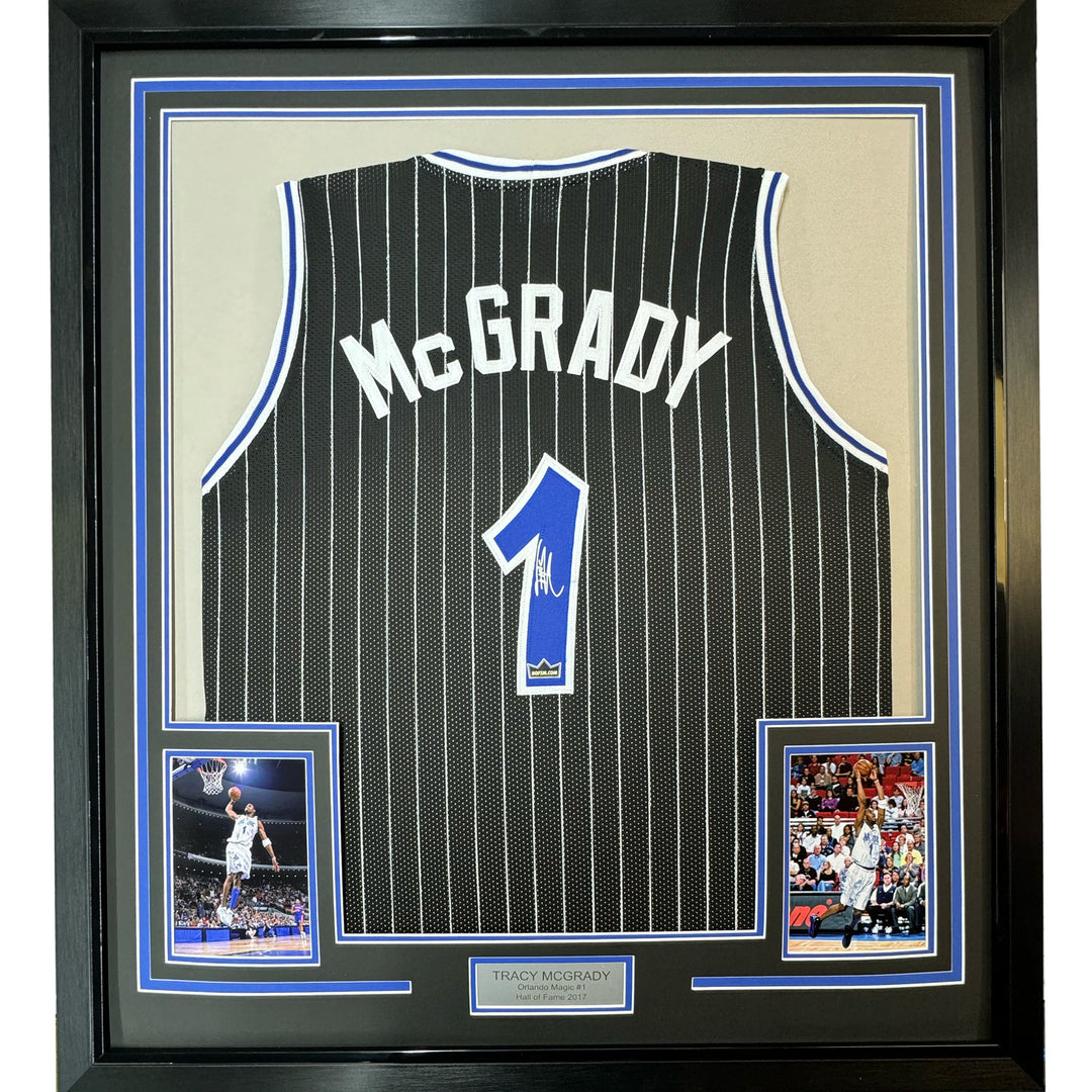 Framed Facsimile Autographed Tracy McGrady 33x42 Black Reprint Laser Auto Jersey