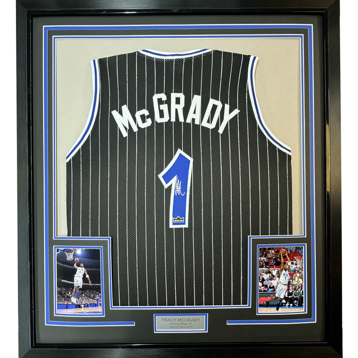 Framed Facsimile Autographed Tracy McGrady 33x42 Black Reprint Laser Auto Jersey