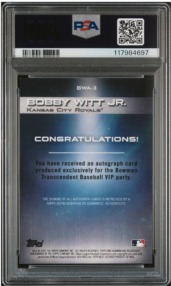 2022 BOWMAN TRANSCENDENT VIP PARTY BOBBY WITT JR Rc PSA 10 &10 Gem Mint Auto /50