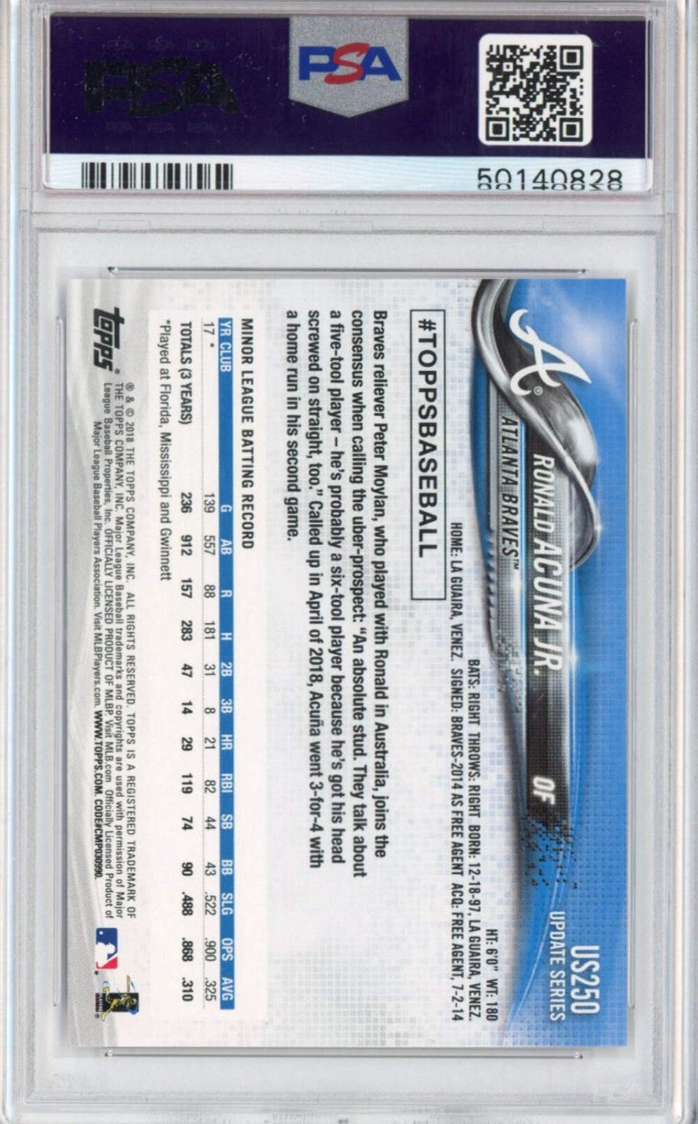Graded 2018 Topps Update Ronald Acuna Jr. #US250 At-Bat Blue Rookie Card PSA 10