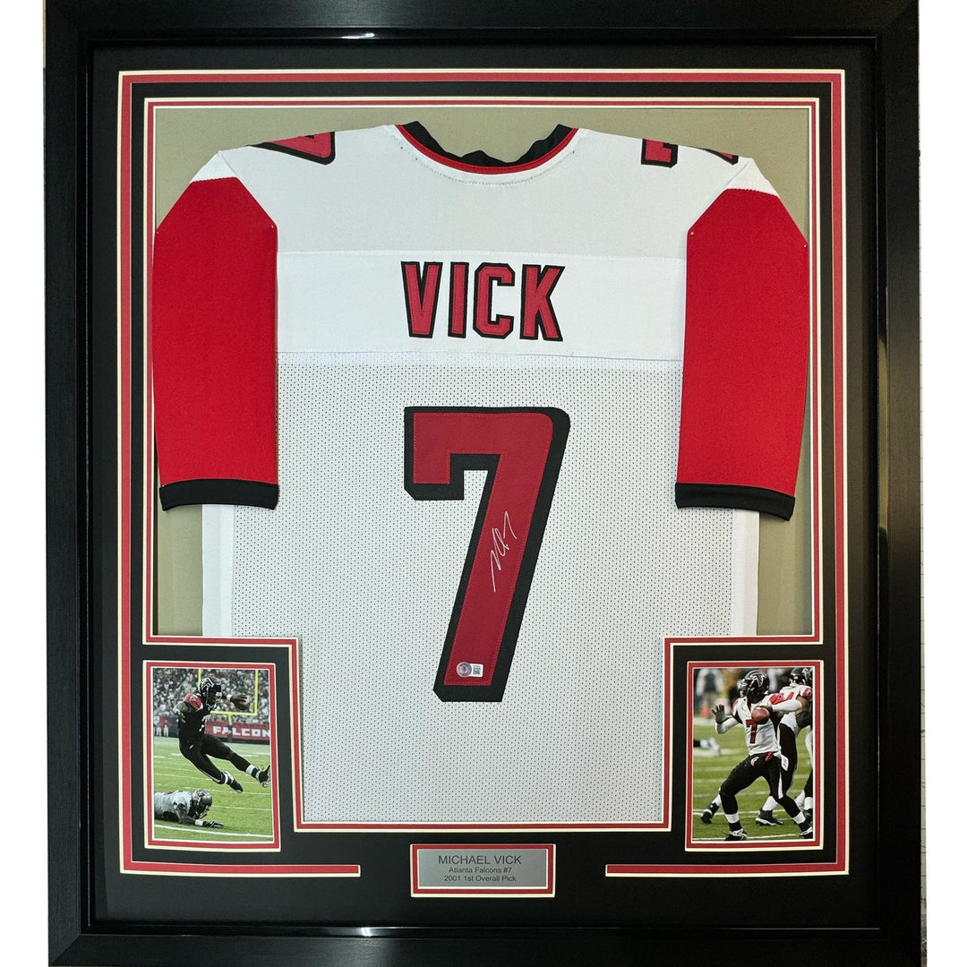 FRAMED Signed MICHAEL MIKE VICK 35x39 Atlanta White Jersey PSA COA
