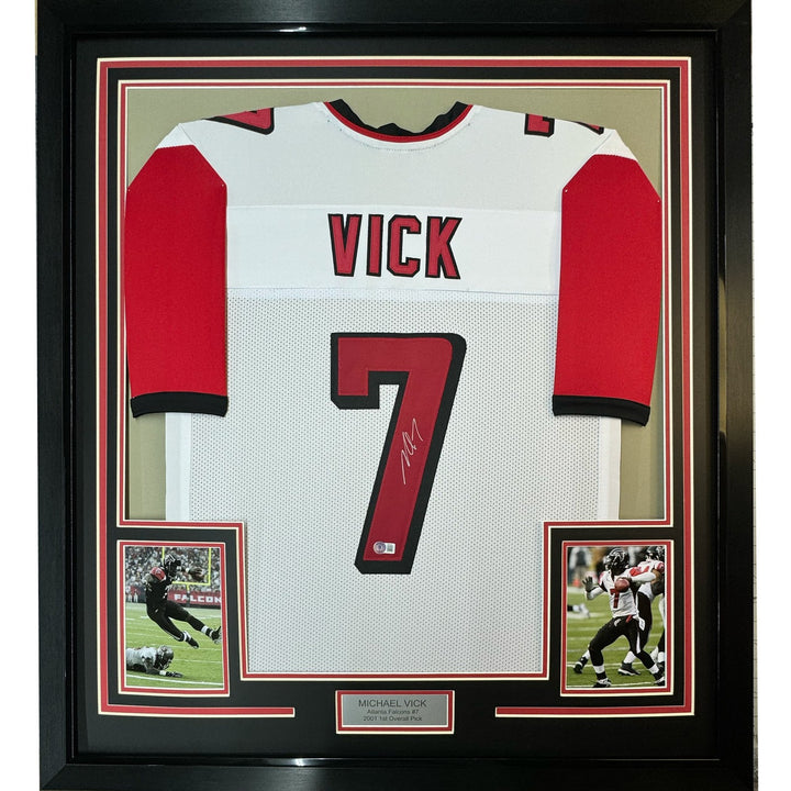 FRAMED Signed MICHAEL MIKE VICK 35x39 Atlanta White Jersey PSA COA