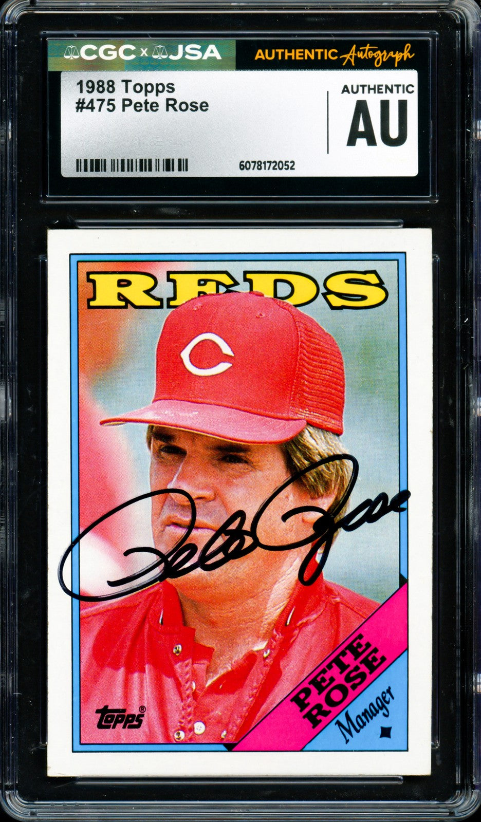 Pete Rose Autographed Signed 1988 Topps Card #475 Cincinnati Reds CGC x JSA