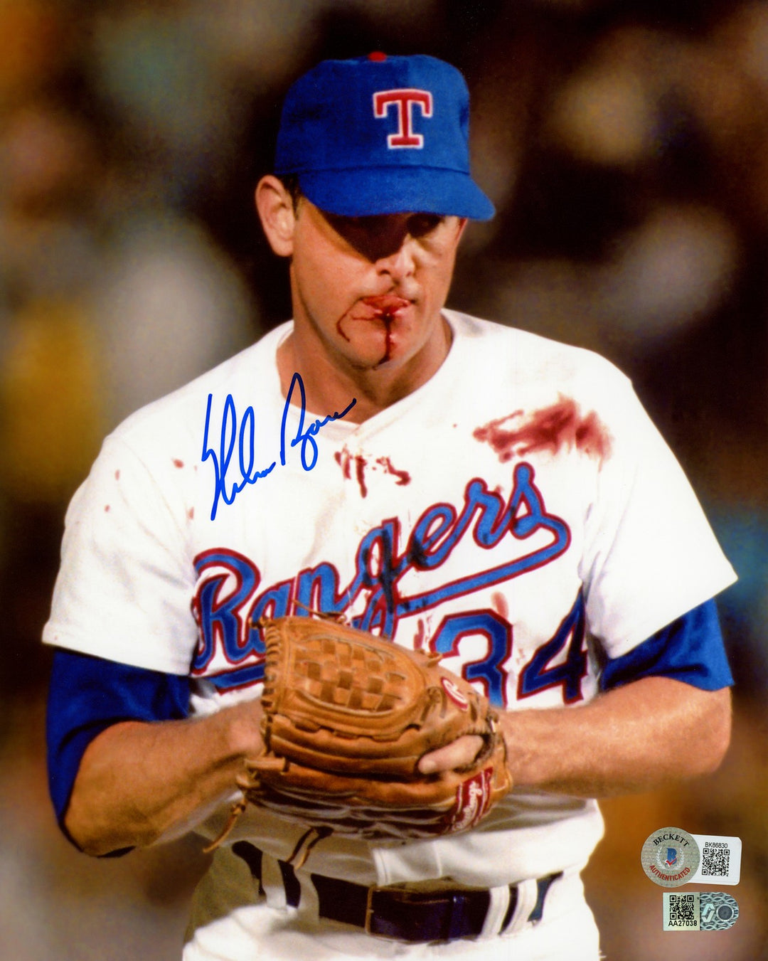 Nolan Ryan Signed 8x10 Photo Texas Rangers Bloody Lip Beckett BAS QR
