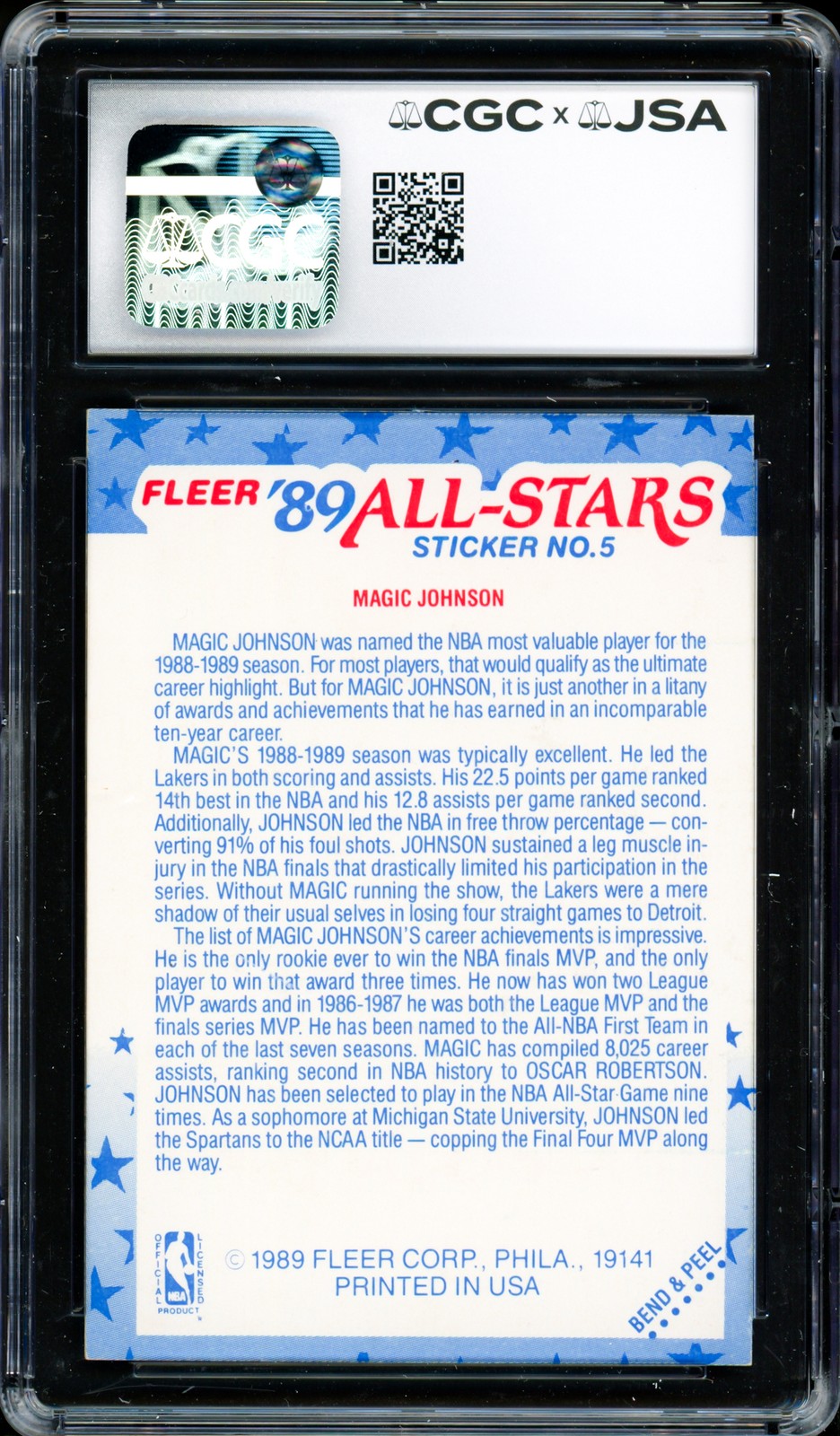 Magic Johnson Signed 1989-90 Fleer Sticker Card #5 Lakers Sig GM 10 CGC x JSA