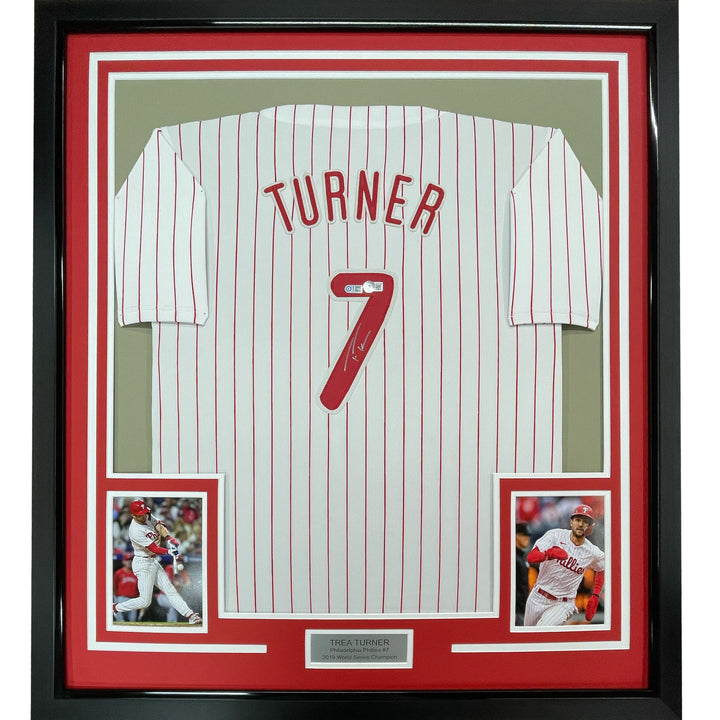 Framed Autographed/Signed Trea Turner 33x42 Pinstripe Jersey Beckett BAS COA