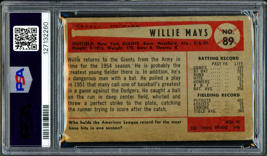 Willie Mays Auto 1954 Bowman Card 89 Giants PSA 1 Auto 6 Vintage 1950s Sig PSA
