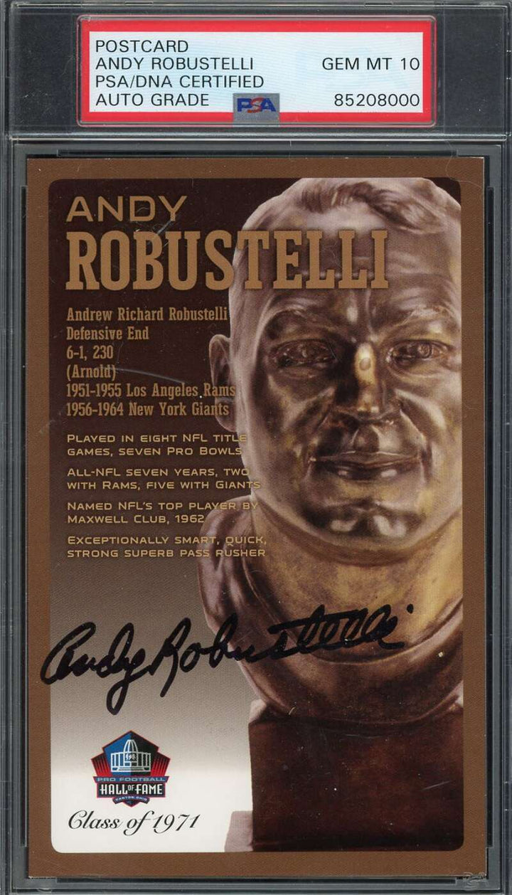 Andy Robustelli Gem Mint 10 PSA DNA Signed Hall of Fame Bronze Bust Postcard /15