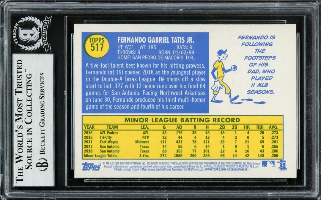 Fernando Tatis Jr. Signed 2019 Topps Heritage RC #517 San Diego Padres Beckett