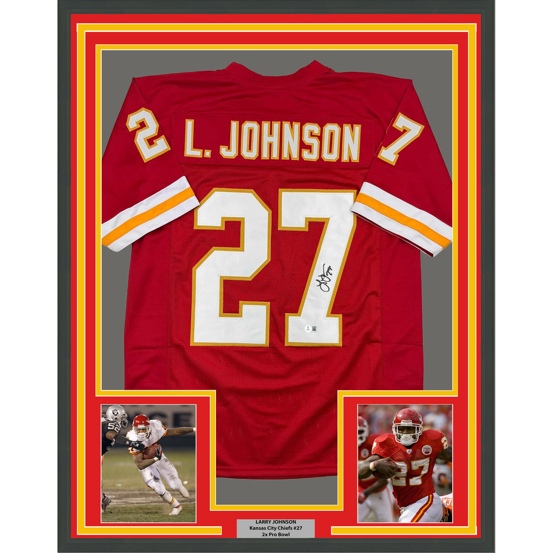 Framed Autographed/Signed Larry Johnson 35x39 Kansas City Red Jersey Beckett COA