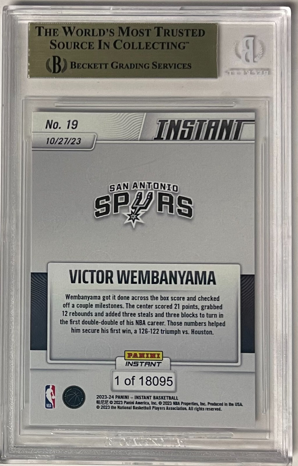 Victor Wembanyama 2023-24 Panini Instant Rookie Card 19- BGS Graded 9.5 Gem Mint