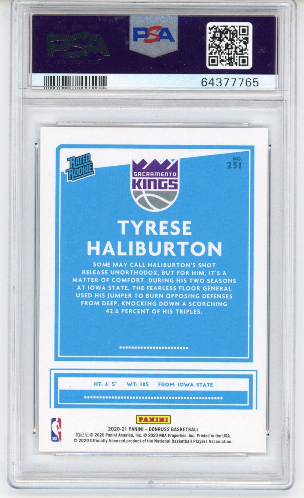 Graded 2020-21 Panini Donruss Tyrese Haliburton #231 Rookie RC Card PSA 10 Mint
