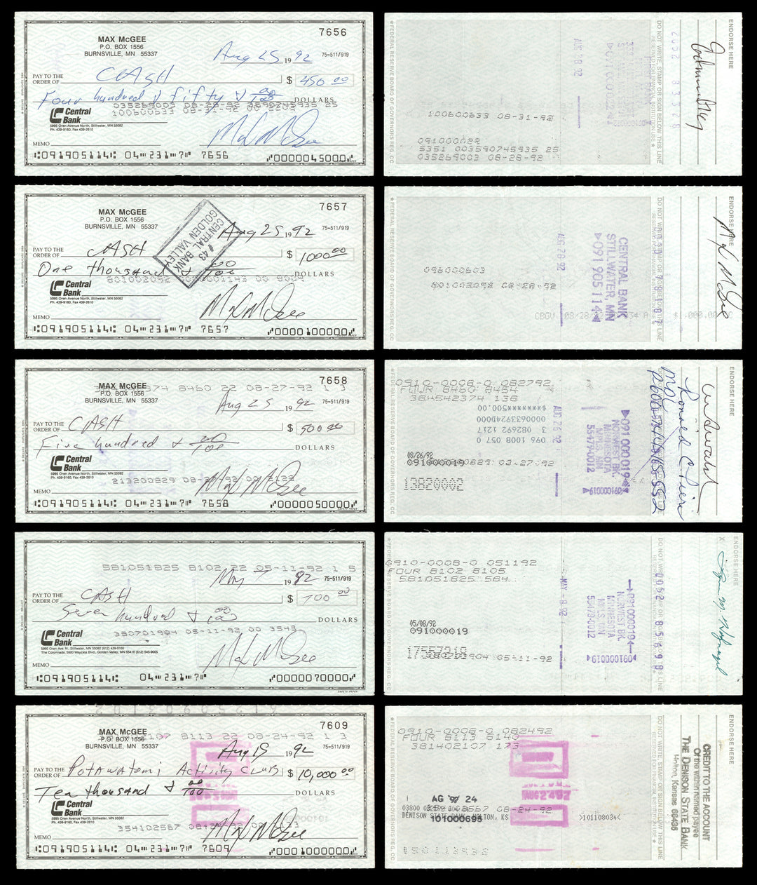 Max McGee Autographed Signed 2.75x6 Check Lot of 50 Green Bay Packers 174046