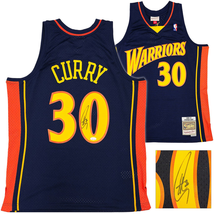 Warriors Stephen Curry Auto Blue Auth Mitchell Ness Swingman Rookie Jersey L JSA
