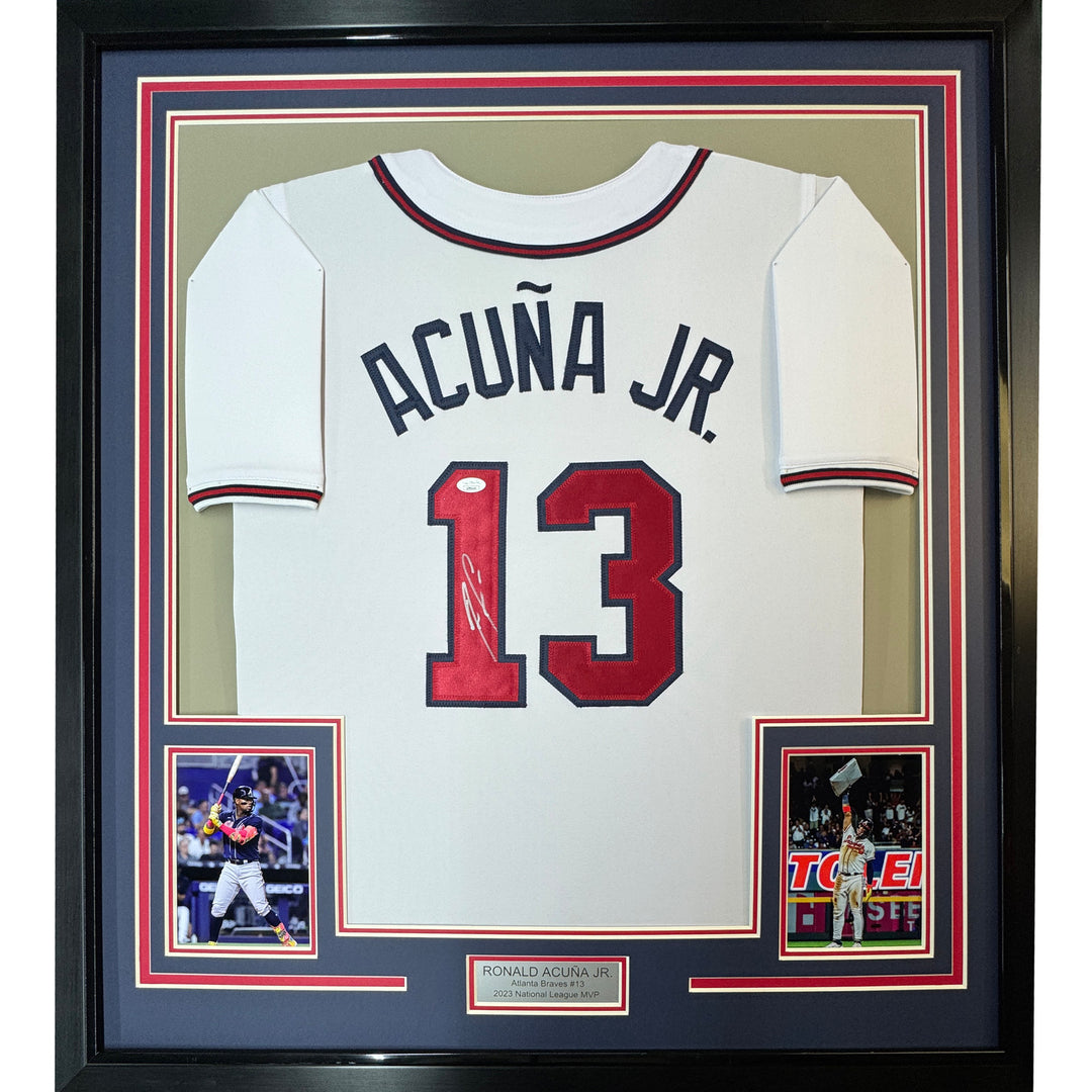 Framed Autographed/Signed Ronald Acuna Jr. 33x42 Atlanta White Jersey JSA COA