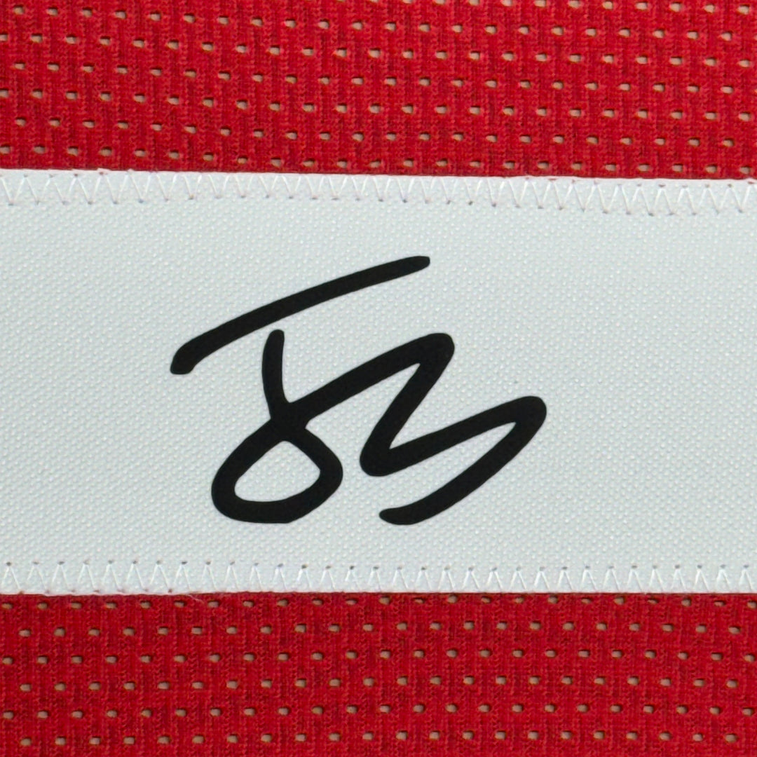 Framed Facsimile Autographed Julian Sayin 35x39 Red Reprint Laser Auto Jersey