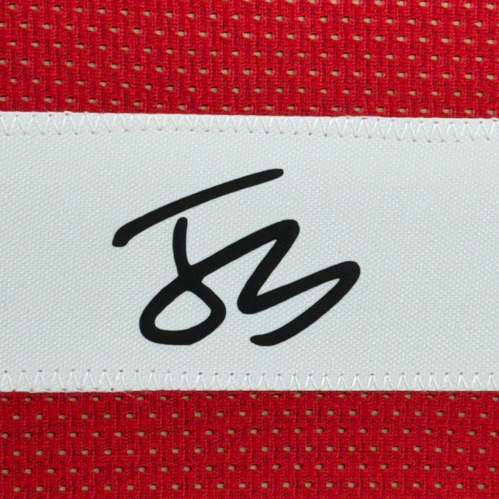 Framed Facsimile Autographed Julian Sayin 35x39 Red Reprint Laser Auto Jersey