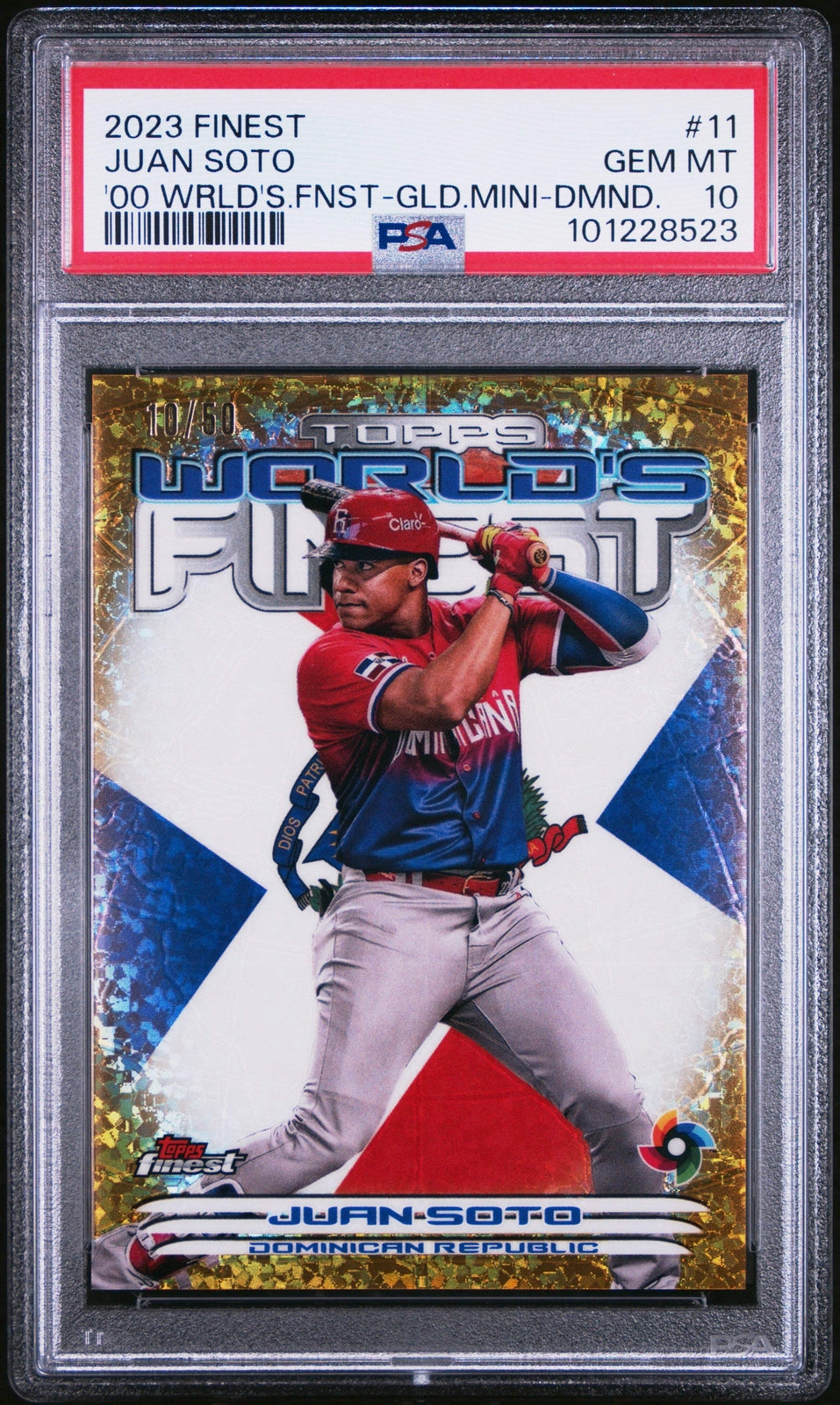 Graded 2023 Topps Finest Juan Soto #11 '00 Gold Mini /50 Baseball Card PSA 10
