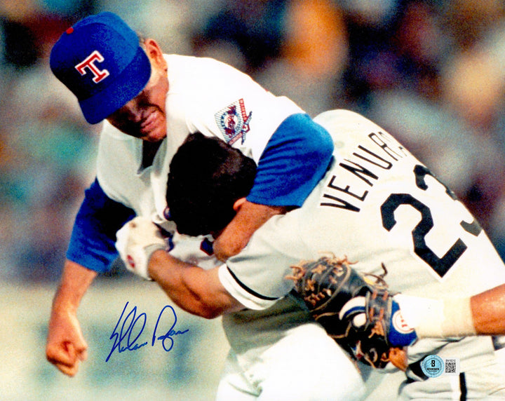 Nolan Ryan Signed 11x14 Photo Texas Rangers Fight vs. Ventura Beckett BAS QR