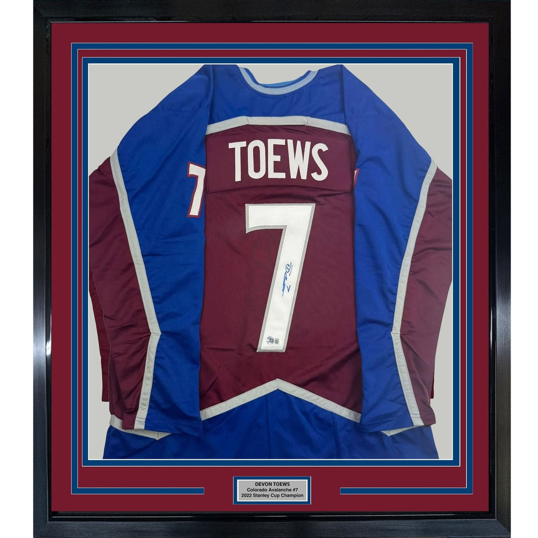 Framed Autographed/Signed Devon Toews 35x39 Colorado Maroon Jersey BAS COA