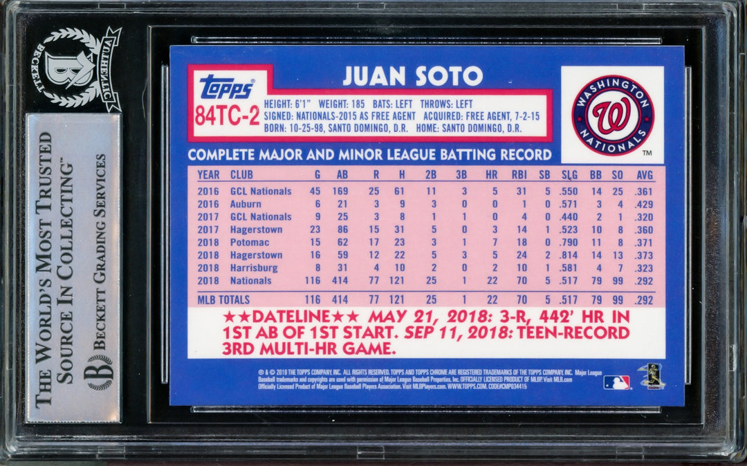 Juan Soto Auto 2019 Topps Chrome Refractor 1984 RC 84TC-2 Mets Beckett #14231624
