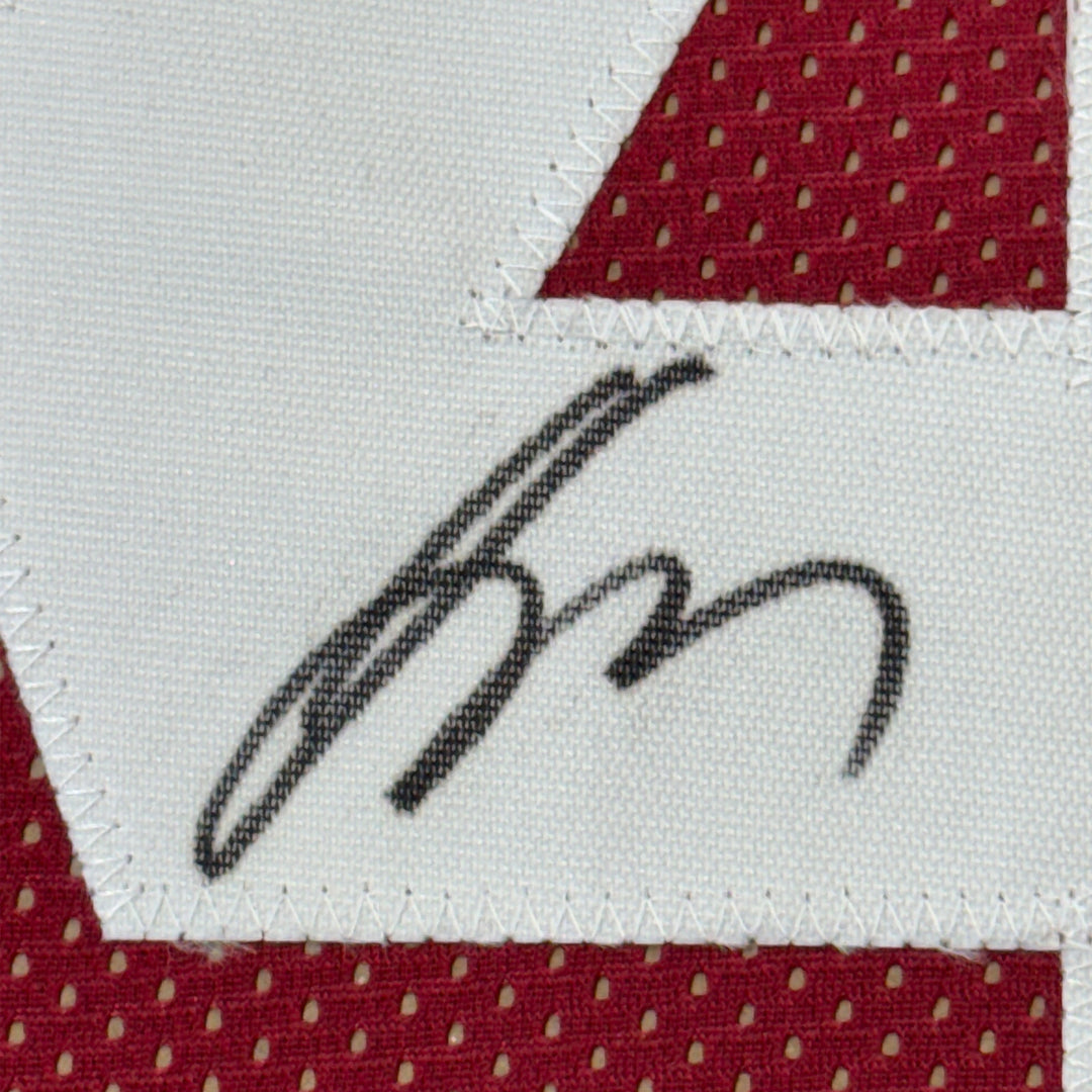 Framed Autographed/Signed Jalen Milroe 35x39 Alabama Red Football Jersey JSA COA
