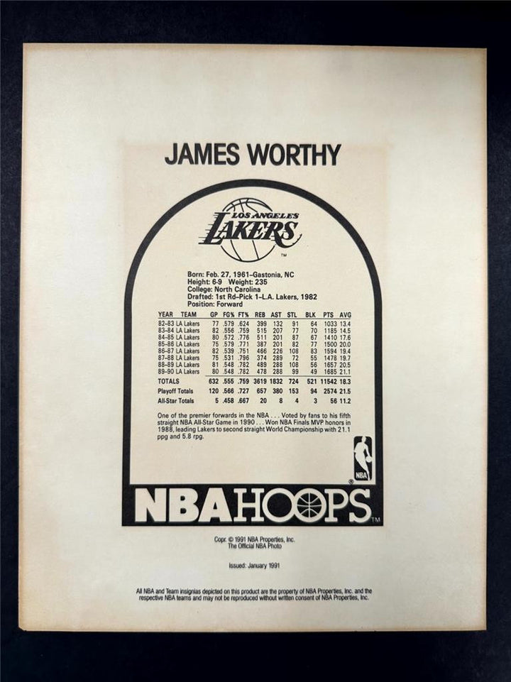 James Worthy autograph signed 1991 NBA Hoops Lakers 8x10 Photo Card~ BAS Beckett