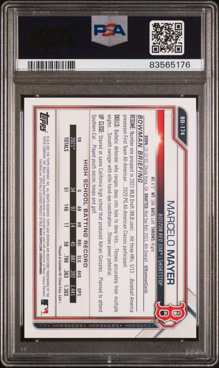 Graded 2021 Topps Draft Marcelo Mayer #BD174 Rookie RC Baseball Card PSA 10 Gem