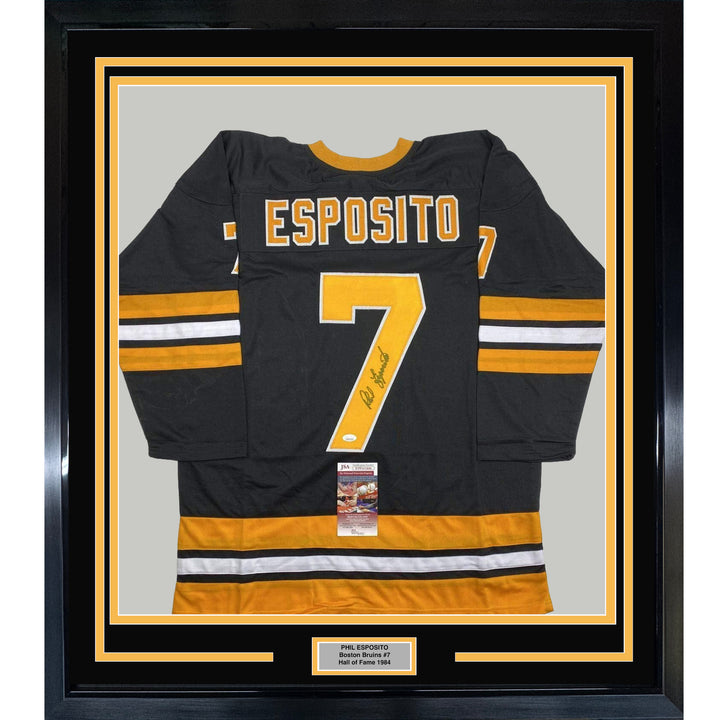 FRAMED Autographed/Signed PHIL ESPOSITO 33x42 Boston Black Jersey JSA COA Auto