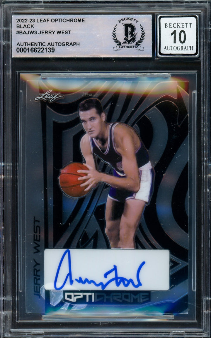 Jerry West Auto 2022-23 Leaf Optichrome Black Card BAJW3 Lakers Sig 10 Beckett