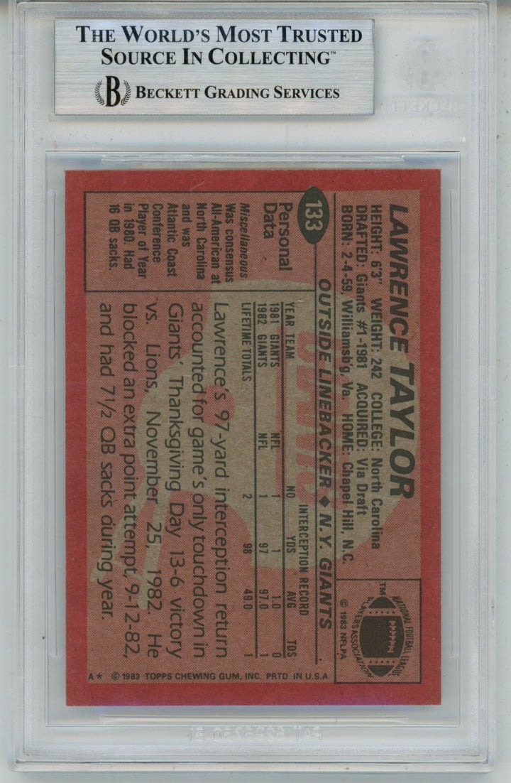 Lawrence Taylor Autographed 1983 Topps #133 Trading Card Slab Beckett 57111