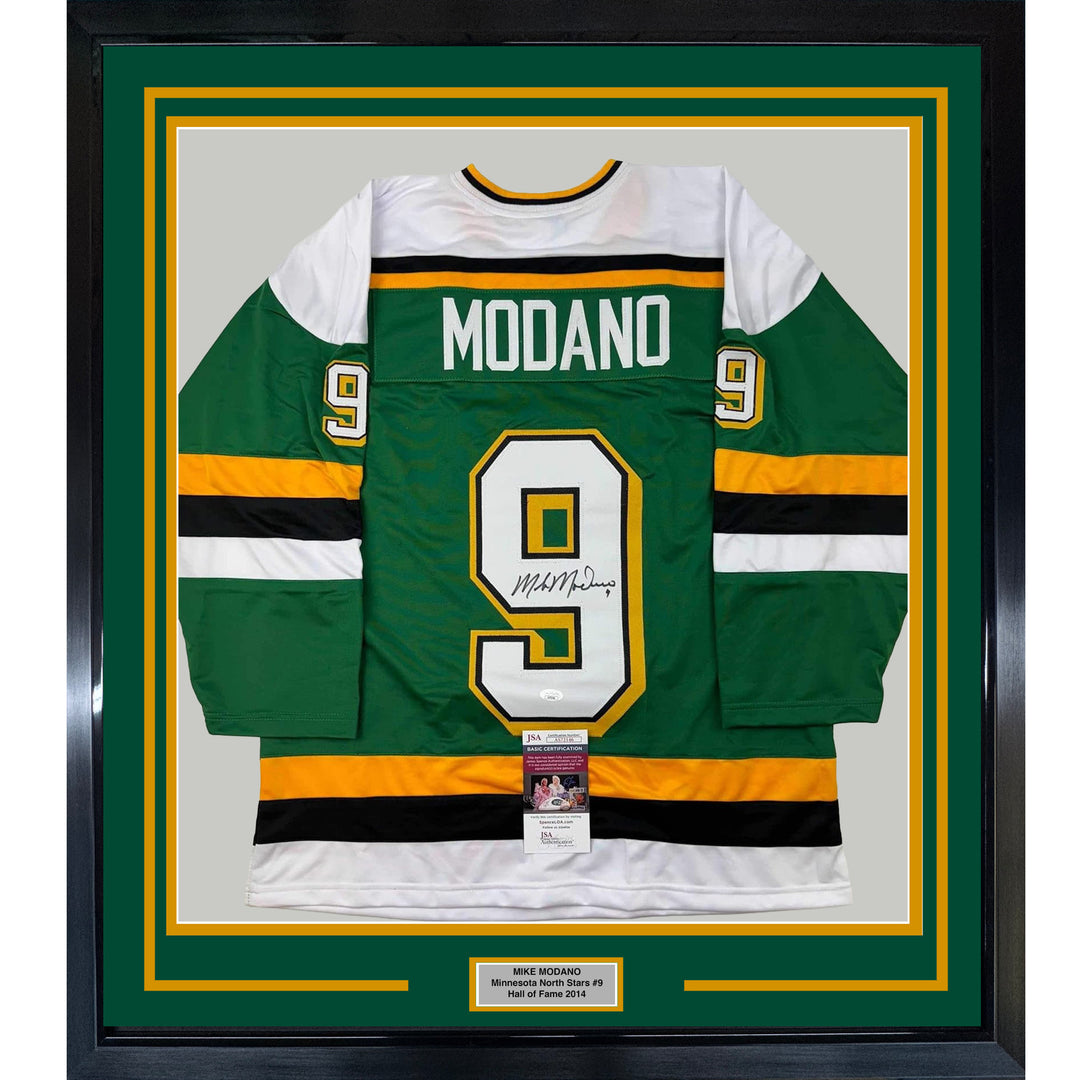 Framed Autographed/Signed Mike Modano HOF 33x42 Minnesota Green Jersey BAS COA