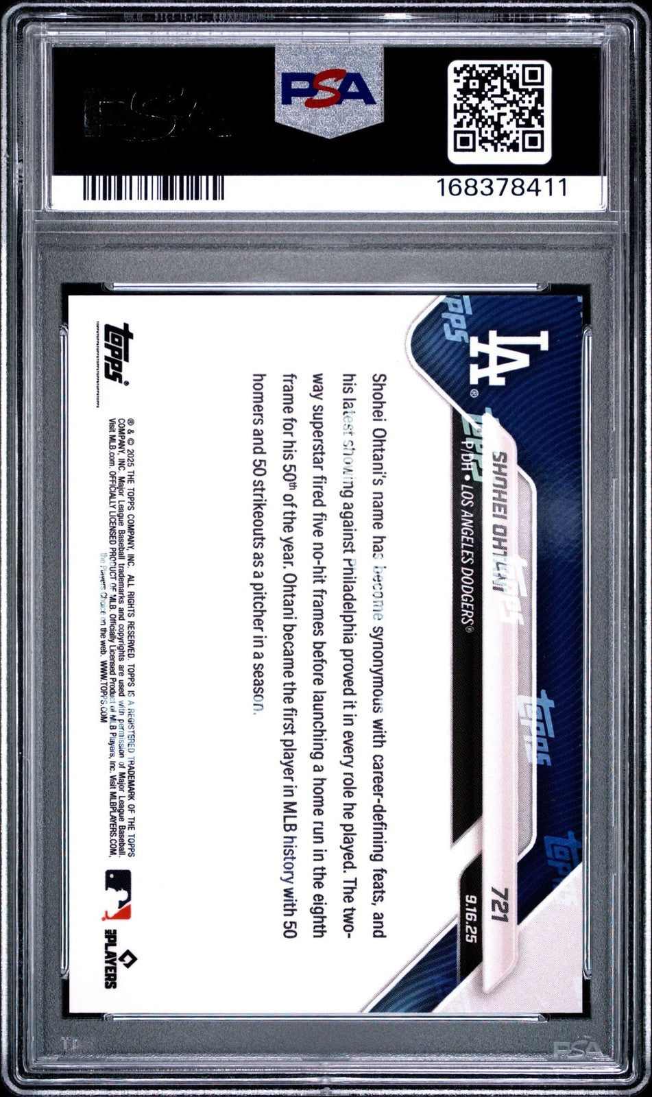 Graded 2025 Topps Now Shohei Ohtani #721 1st 50 K 50 HR Season Card PSA 10