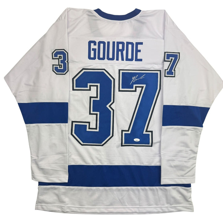Autographed/Signed Yanni Gourde Tampa Bay White Hockey Jersey JSA COA