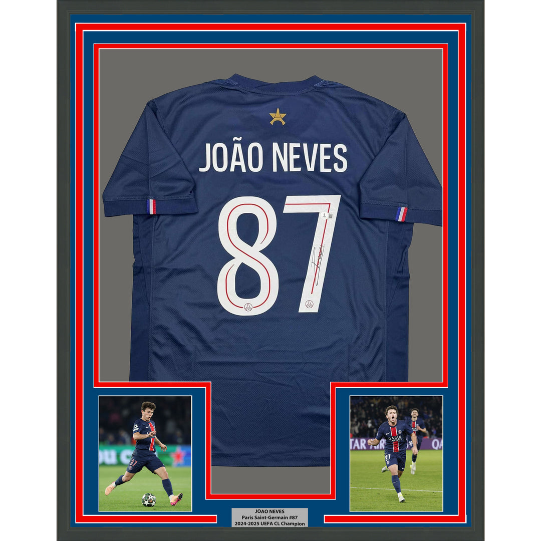 Framed Autographed/Signed Joao Neves 35x39 PSG Blue Jersey Beckett BAS COA
