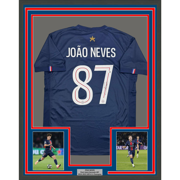 Framed Autographed/Signed Joao Neves 35x39 PSG Blue Jersey Beckett BAS COA