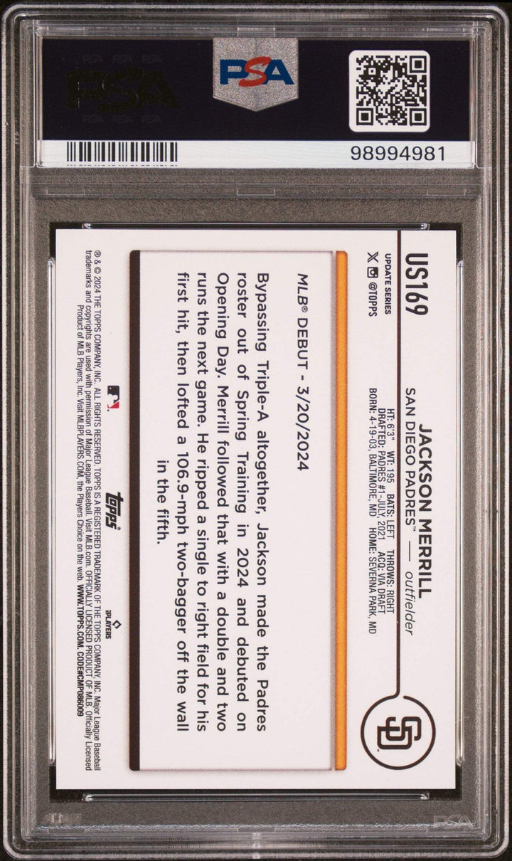 Graded 2024 Topps Update Jackson Merrill #US169 Rookie RC Baseball Card PSA 10