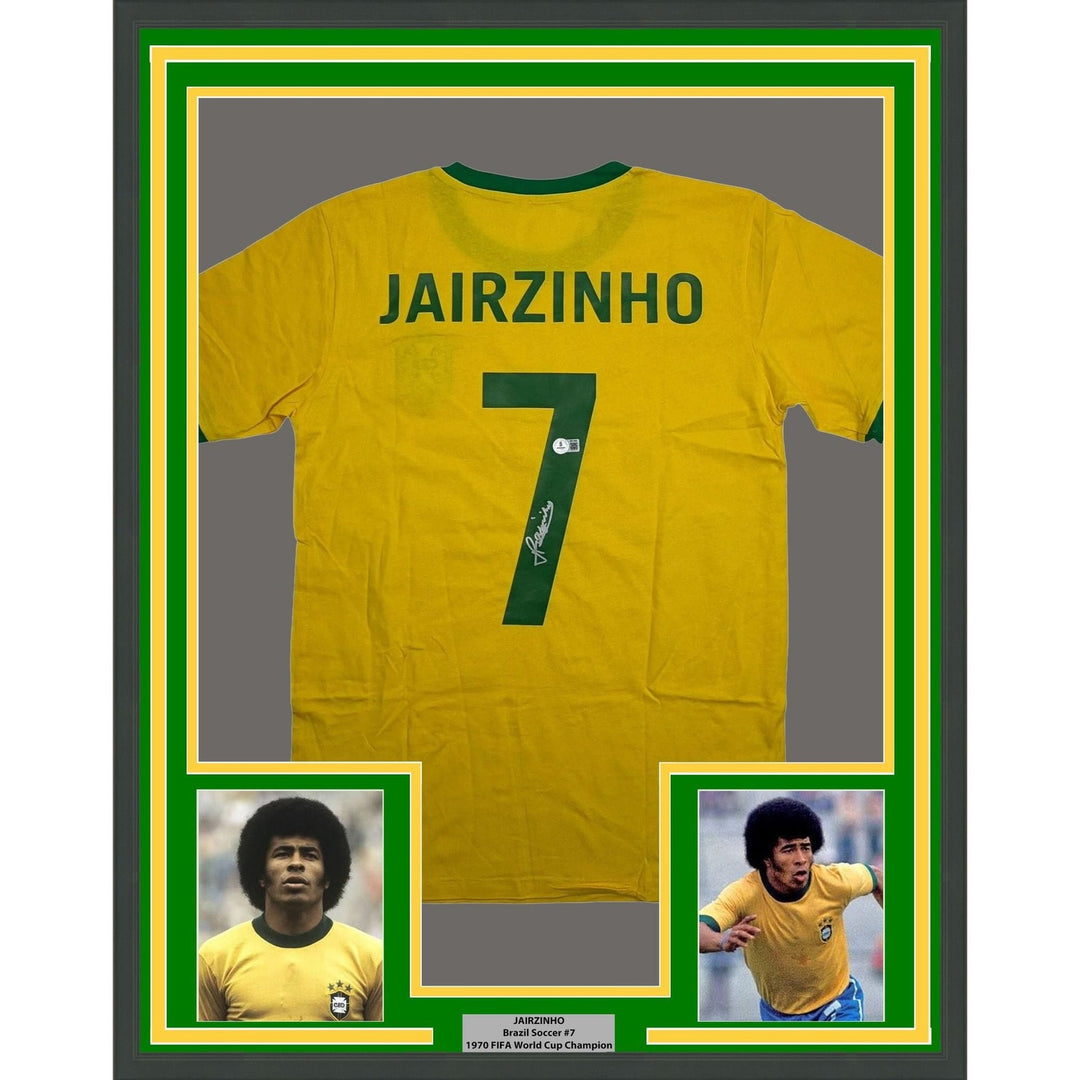 Framed Autographed/Signed Jairzinho 35x39 Brazil Yellow Jersey Beckett COA