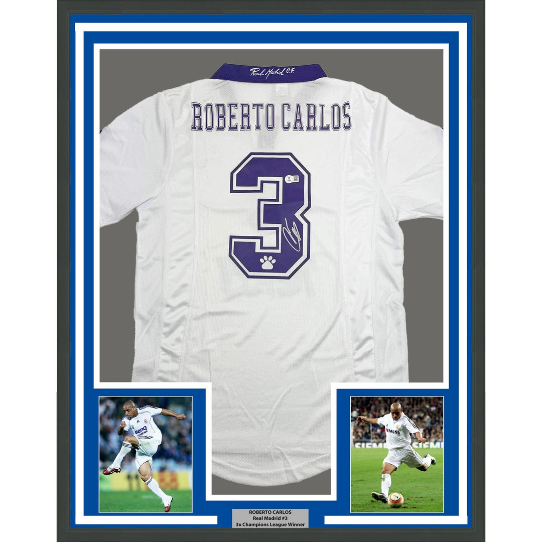 Framed Signed Roberto Carlos 35x39 Real Madrid Jersey Beckett COA #2