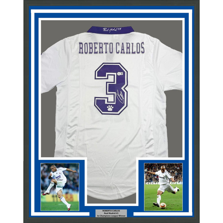 Framed Signed Roberto Carlos 35x39 Real Madrid Jersey Beckett COA #2