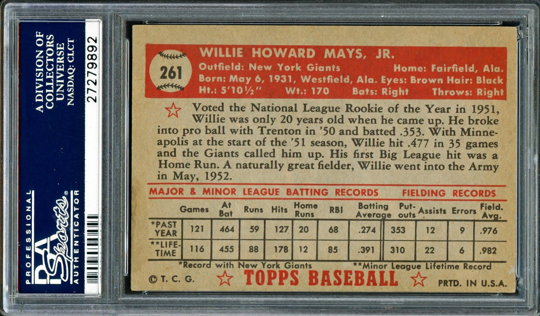Willie Mays Signed 1952 Topps RC 261 Giants Vintage Signature PSA/DNA 27279892