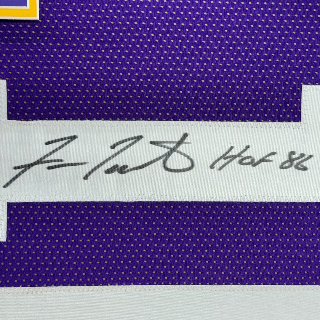 Framed Autographed/Signed Fran Tarkenton HOF 86 33x42 Purple Jersey JSA COA